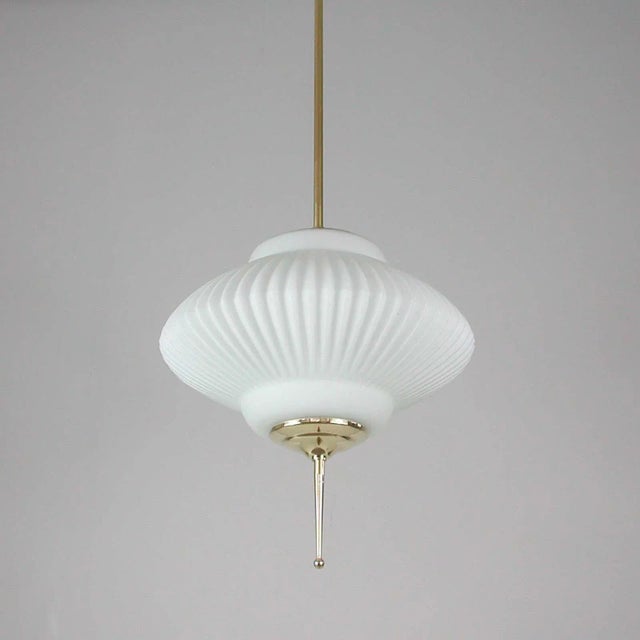 Mid-Century Ribbed Milk Glass & Brass Globe Pendant Attributed to Stilnovo For Sale - Image 17 of 18