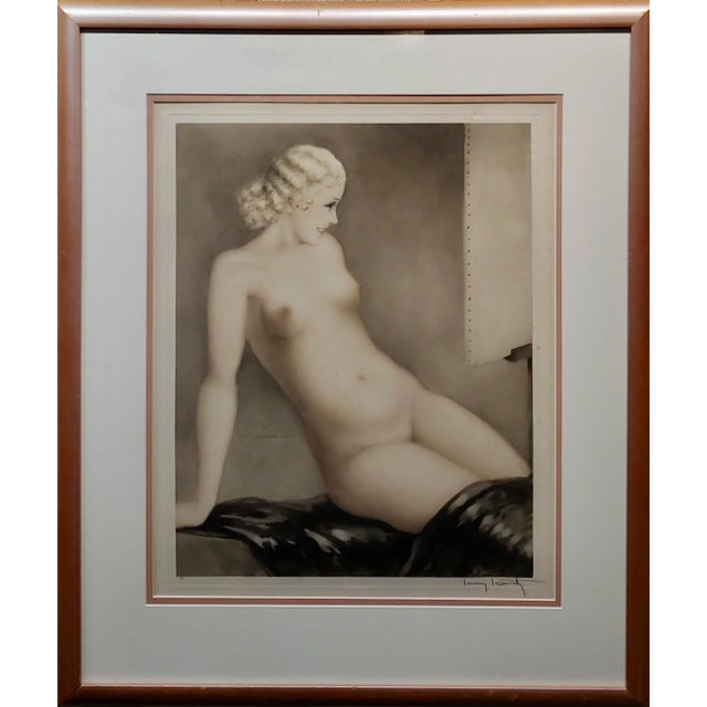 Louis Icart 1932, Seated Female Nude W/Black Shawl-Original Etching Hand Colored Etching/Aquatint On Paper Under...