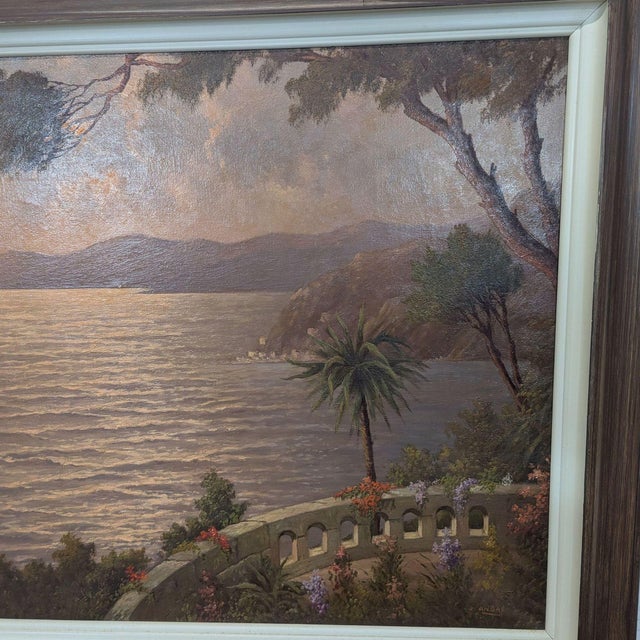 Vintage Mediterranean Coastal Sunset Oil Painting Signed J. Andre For Sale - Image 9 of 11