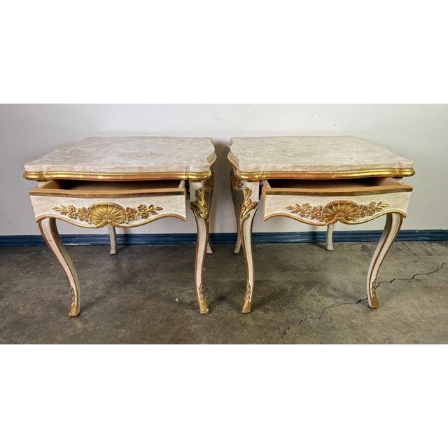 Mid 20th Century Pair of Giltwood & Painted Marble-Top Side Tables With Drawers For Sale - Image 5 of 13