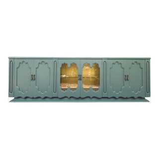 Spanish Revival Sage Green & Gold Leaf Sideboard From 60's For Sale