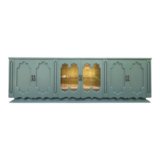 Spanish Revival Sage Green & Gold Leaf Sideboard From 60's For Sale