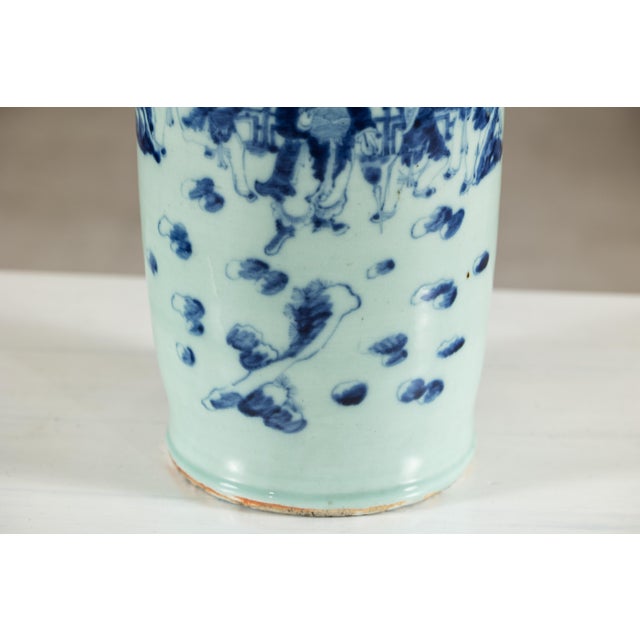"About the Item This antique Chinese porcelain vase is hand-painted in cobalt blue on a softly luminous ground with a...