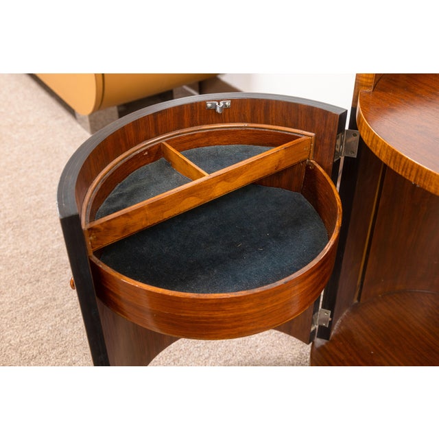 Vintage Art Deco Modernist Walnut Wood Vanity With Storage Shelving and Mirror For Sale - Image 9 of 10