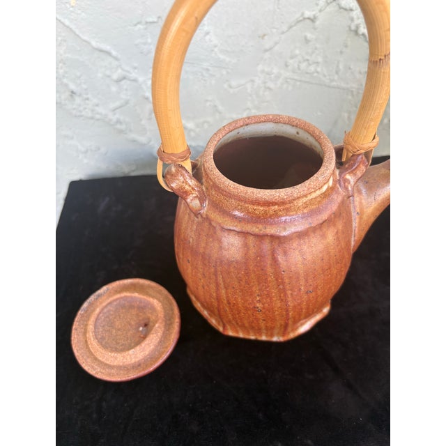 Vintage Rustic Ribbed Stoneware Mingei Style Studio Pottery Teapot With Bamboo Handle For Sale In Orlando - Image 6 of 7