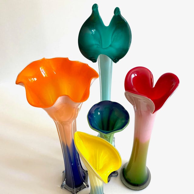 Vintage 1990's Post Modern Hand Blown Art Glass Multicolor Ombre Flowers Contemporary Vases - Set of 5 For Sale - Image 11 of 13