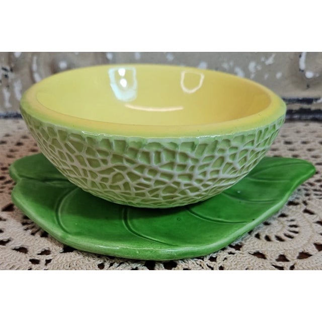 1990s Vintage MCM Four Cantaloupe Japanese Fruit Bowls With Leaf Base-Set of 5 For Sale - Image 5 of 7