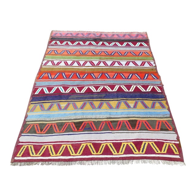 Handmade Area Vintage Turkish Kilim Rug Boho 67"x85" For Sale