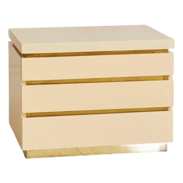 French Ivory + Brass Bedside Table by Jean Claude Mahey, 1970s - 2 Available For Sale
