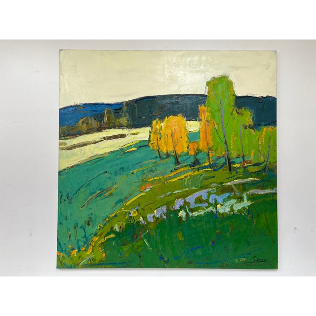 This expressive 48” x 48” original oil painting captures a radiant countryside scene in a contemporary impressionist...