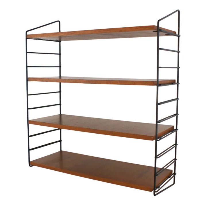 Four-shelf bookcase with black metal frame and brown wooden shelves