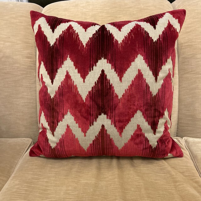 Pair of gradient stripe red velvet chevron pillows with a neutral tweed/linen background. 22” Square. Insert is Feather...