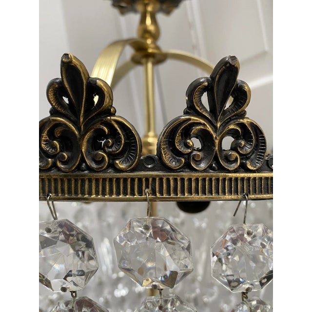 Brass 1960s Vintage French Brass Fleur De Lis Hollywood Regency Crystal Pendant For Sale - Image 8 of 13