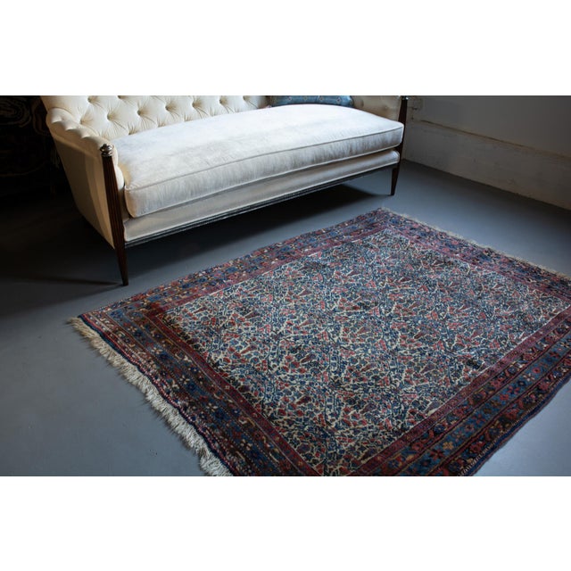 Early 1900s Antique Floral Botanical Allover Ivory Cream Blue Navy Hand Knotted Rug - 4’8” X 6' For Sale - Image 4 of 13