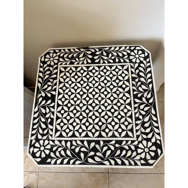 Bone Black and White Floral Pattern Bone Inlay Side Table For Sale - Image 7 of 12