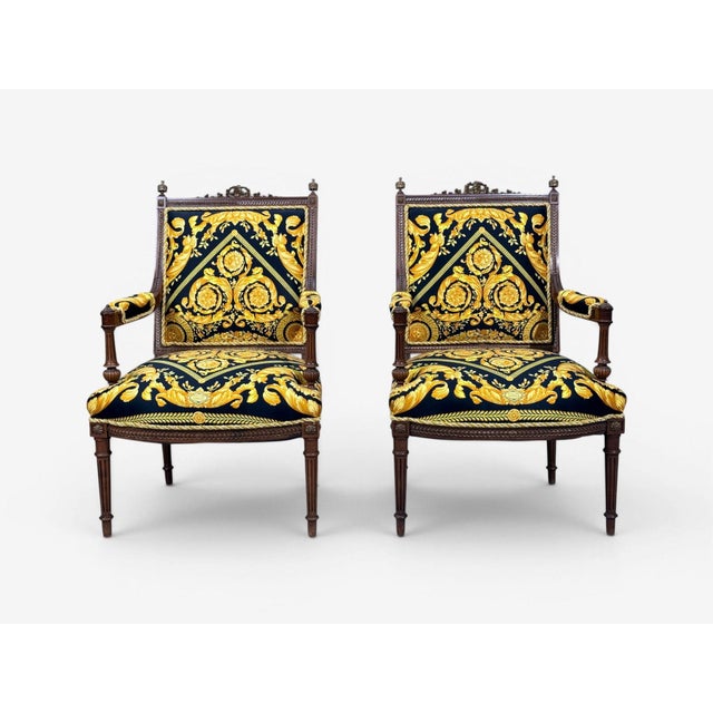 1990s Gianni Versace Fabric Louis XVI Style Armchairs, Walnut, France, 20th C. For Sale - Image 5 of 16