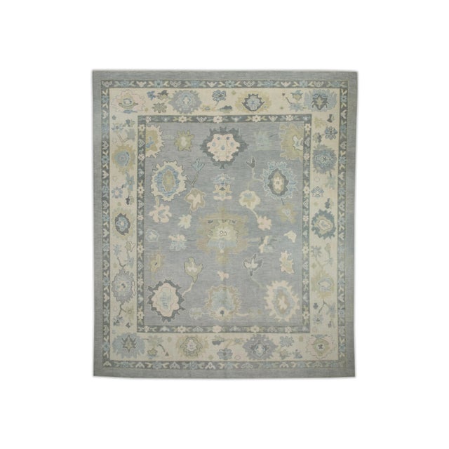 Blue Early 21st Century Blue & Green Floral Design Handwoven Wool Turkish Oushak Rug 8'3" X 9'7" For Sale - Image 8 of 8