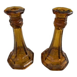 Pair of 1980s Chunky Amber Glass Candlesticks