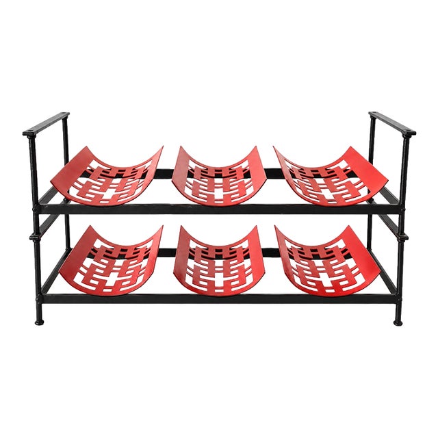 Vintage Mid-Century Modern Stackable Red & Black Geometric Metal Wine Rack For Sale