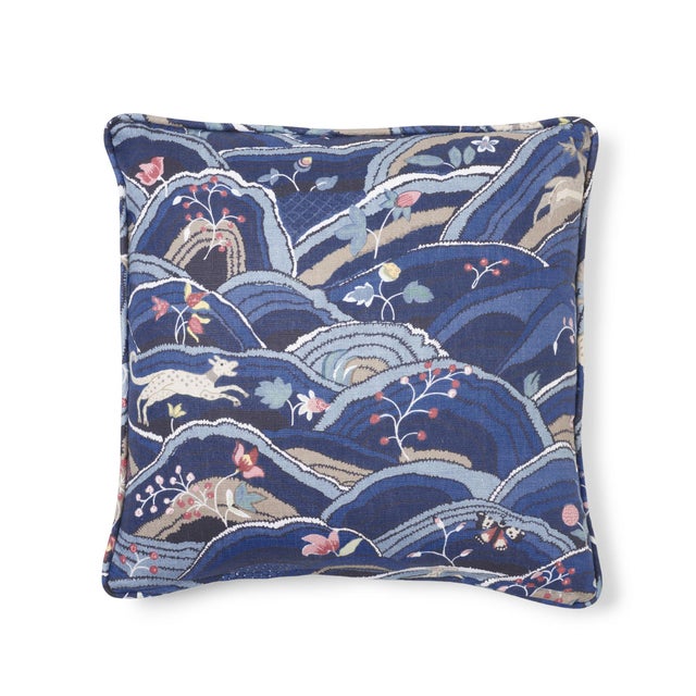 This 18" x 18" pillow features Rolling Hills in Blue, a whimsical full-coverage print that showcases charming animals...