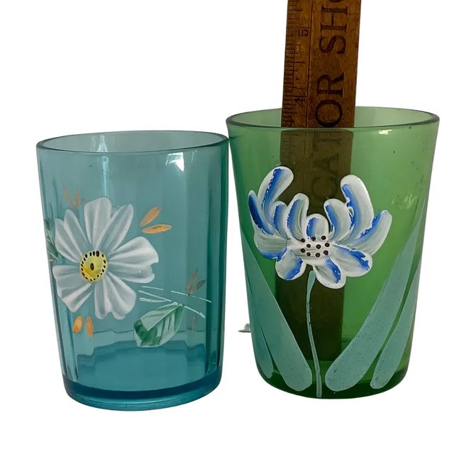 Late 20th Century Hand-Painted Green & Blue Victorian Tumblers Glasses- a Pair For Sale - Image 5 of 6