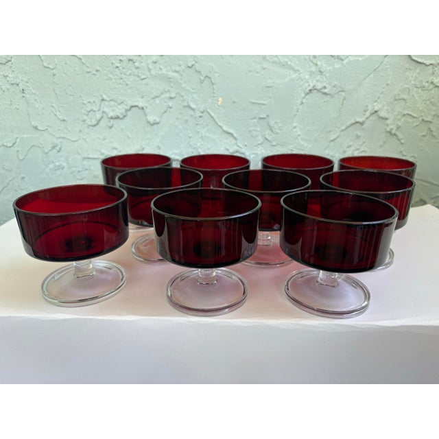 Set of 10 Vintage French Luminarc Cavalier Ruby Red Champagne Coupe & Dessert Glasses For Sale - Image 4 of 9