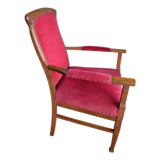 Art Deco Oak Armchair with Red Velvet For Sale