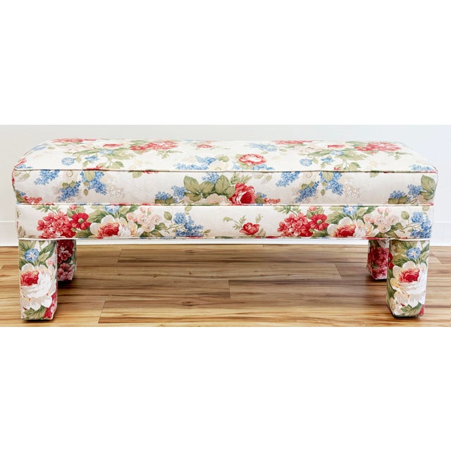Vintage Floral Pattern Upholstered Parsons Style Bench For Sale In Kansas City - Image 6 of 11