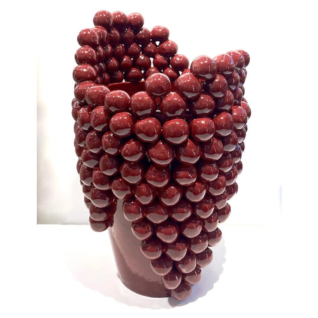 Post-Modern Italian Pair of Sculptural Ceramic Dark Wine Vases With Grapevine Decor For Sale - Image 10 of 12