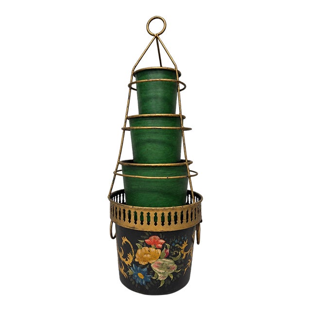 French Style Tiered Toleware Jardinière With Floral and Gold Decoration For Sale