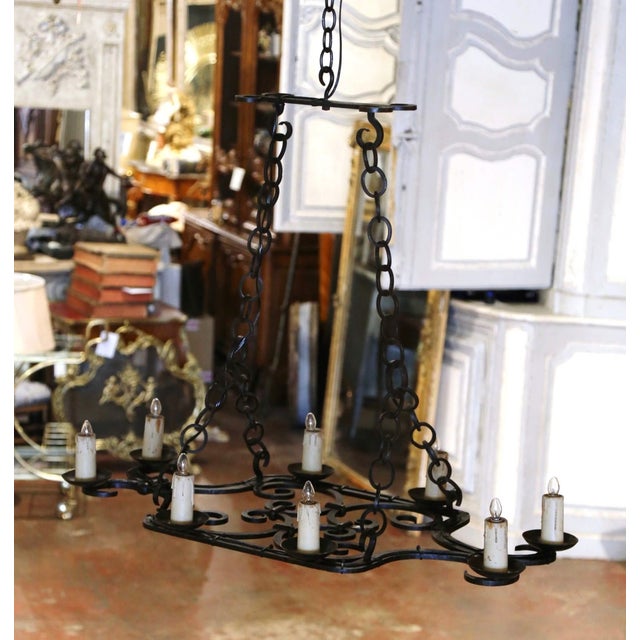 Early 20th Century Early 20th Century French Wrought Iron 8-Light Flat Bottom Island Chandelier For Sale - Image 5 of 9