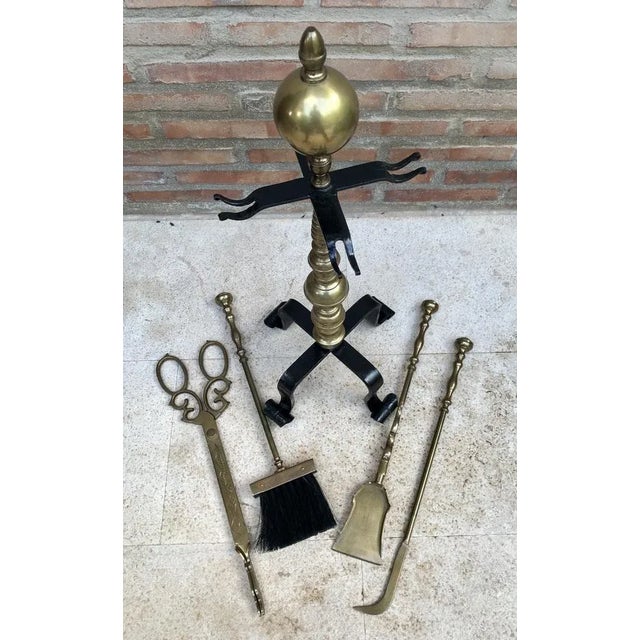 1970s French Neoclassical style Brass Fireplace Tools, 1970s, Set of 5 For Sale - Image 5 of 8