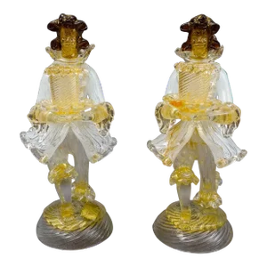 Vintage Barovier & Toso Murano Latticino Gold Glass Candlestick Candle Holders - a Pair