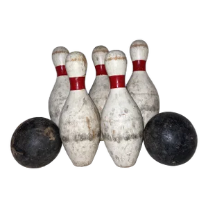 Vintage Rustic Carnival Small Wooden Bowling Set with Two Balls - 7 Piece Set