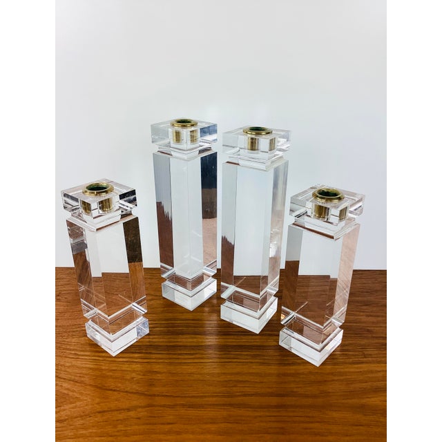 1970s Vintage Karl Springer Style Chunky Clear Lucite Set of 4 Candle Holders For Sale - Image 5 of 8