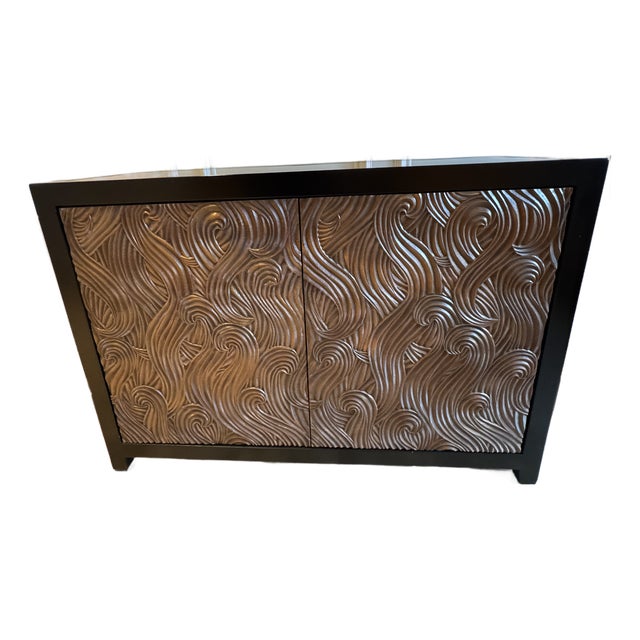 Robert Kuo "Dragon Swirl" Bar Cabinet - Hand Repoussé Copper & Black Lacquer, Attributed For Sale