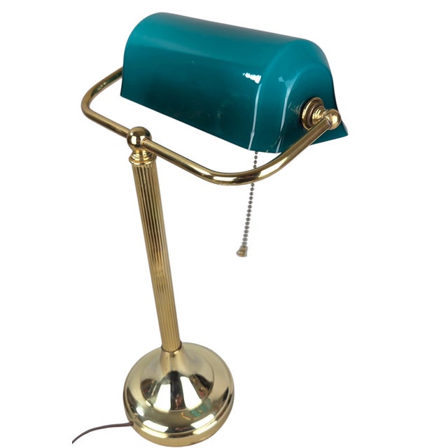 1970s Mid-Century Modern Art Deco Brass and Teal Glass Banker's Desk Lamp For Sale - Image 14 of 18