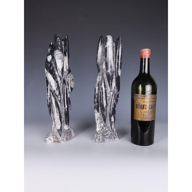Hand-Carved Orthoceras Fossil Sculptures in Black Limestone, Morocco, Set of 2 For Sale - Image 3 of 15