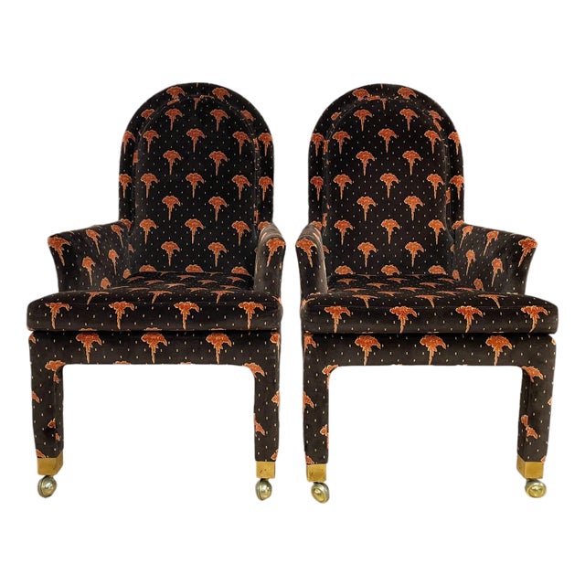 1980s Henredon Schoonbeck Mid-Century Upholstered Castered Chairs, Pair For Sale