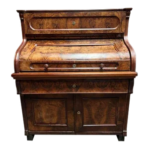 Mid 19th Century Antique German Rococo Style Burled Walnut and Mahogany “s” Roll Top Desk.