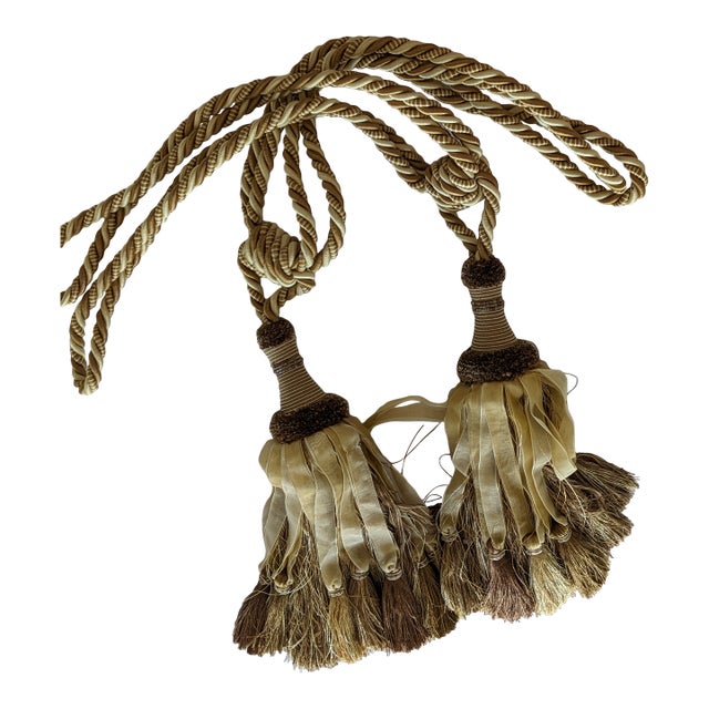 2 Vintage Gold and Beige Organza Ribbon Drapery Tieback For Sale