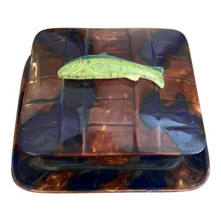 Antique English 19th Century Majolica Sardine Box With Striking Turquoise Interior For Sale