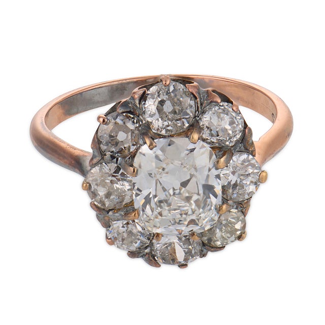 Victorian 1900-1909 Victorian Gia 1.06 Carat Diamond 14k Gold and Silver Cluster Ring, Size 5.75 For Sale - Image 3 of 6