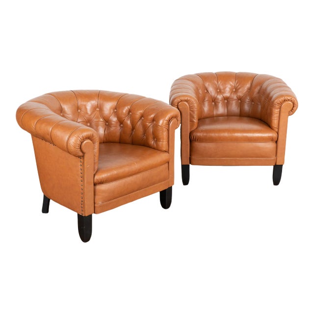 Pair, Vintage Brown Leather Barrel Back Arm Chairs, Denmark Circa 1940 For Sale