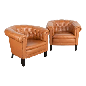 Pair, Vintage Brown Leather Barrel Back Arm Chairs, Denmark Circa 1940
