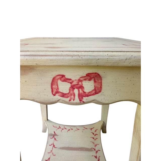 Vintage European Style Hand-Painted Side Table – Italian-Style Cream Finish With Red Bow Motif – Distressed Country Accent For Sale - Image 4 of 9