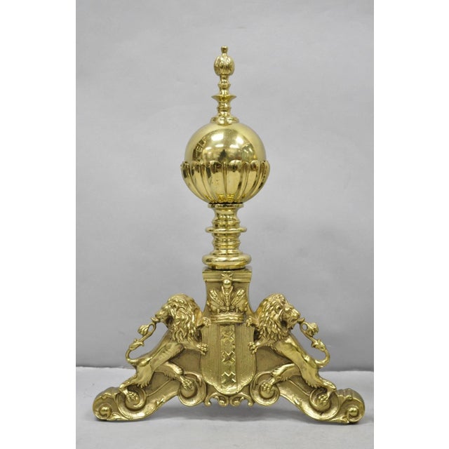 Mid 20th Century French Empire Renaissance Brass Lion Coat of Arms Cannonball Andirons - A Pair For Sale - Image 4 of 14