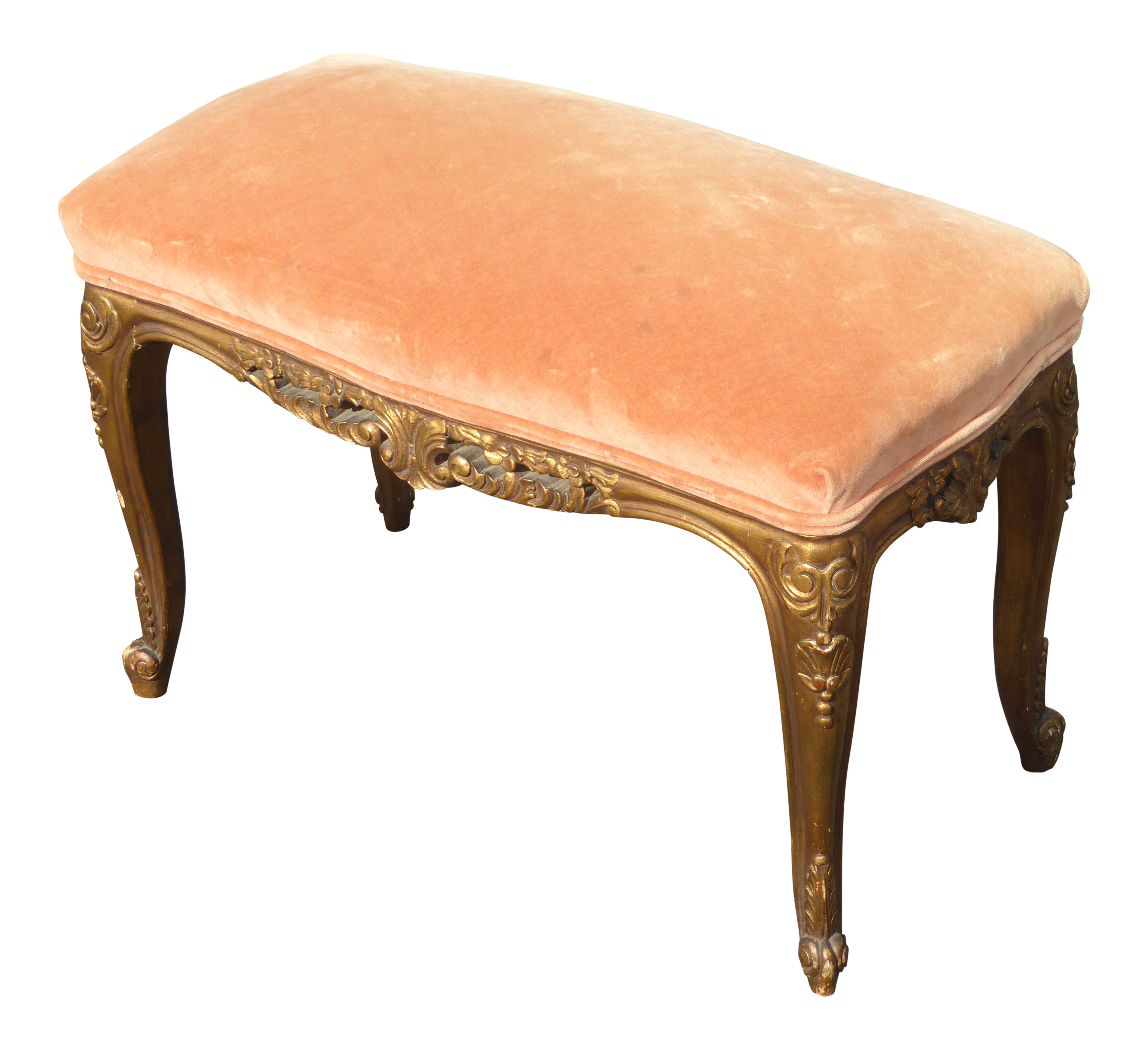 Vintage French Provincial Louis XV Peach Velvet Bench W Gold Scrolled Base - image 0