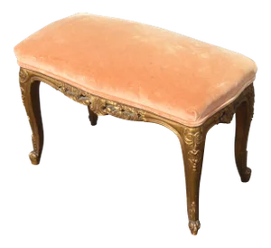 Vintage French Provincial Louis XV Peach Velvet Bench W Gold Scrolled Base