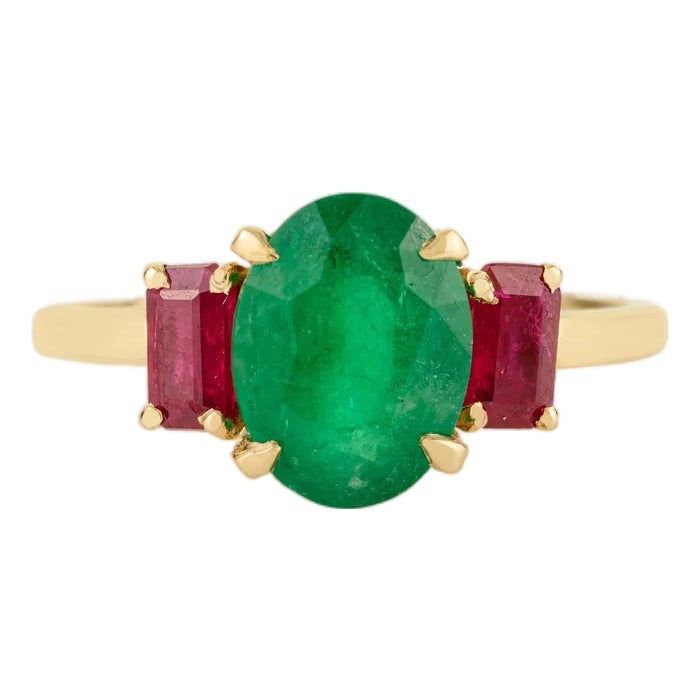 14k Solid Gold Emerald Ruby Past Present Future Ring Size 7 | Chairish